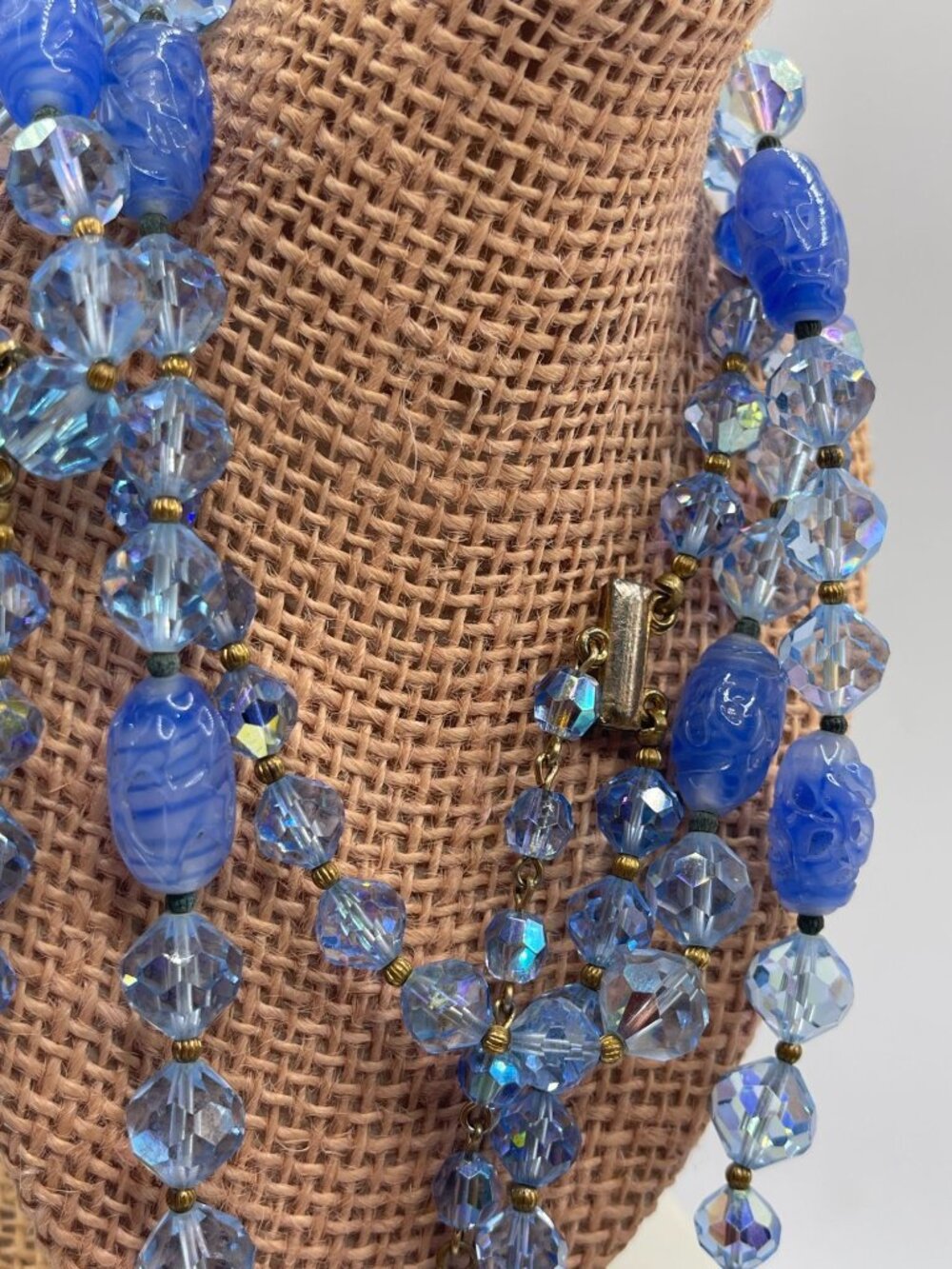 Vtg Art Glass Blue Beaded & Crystal Necklace Double Strand Elegant Design